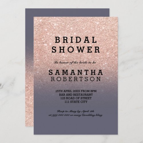 Rose gold faux glitter purple grey bridal shower invitation