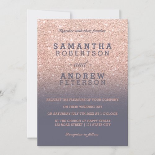 Rose gold faux glitter purple grey ombre wedding invitation