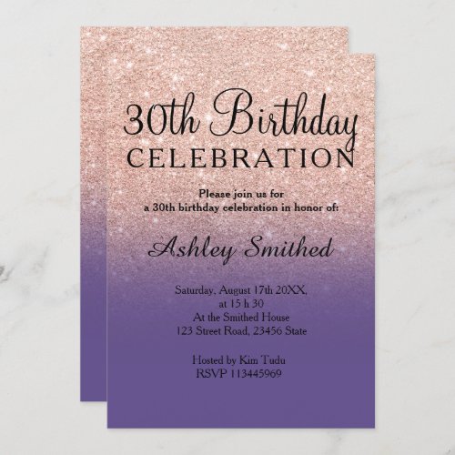 Rose gold faux glitter purple ombre 30th birthday invitation
