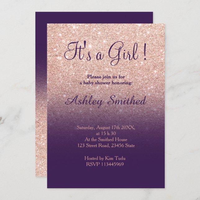 Rose gold faux glitter purple ombre baby shower invitation (Front/Back)