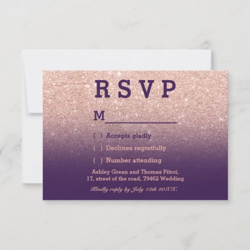 Rose gold faux glitter purple ombre RSVP wedding