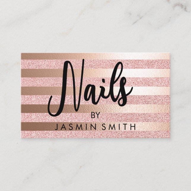 Rose Gold Faux Glitter& Rose Gold Foil Nails Business Card (Front)