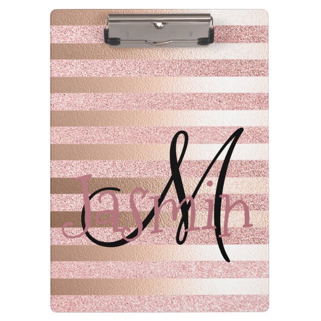 Rose Gold Faux Glitter& Rose Gold Foil Stripes Clipboard (Front)