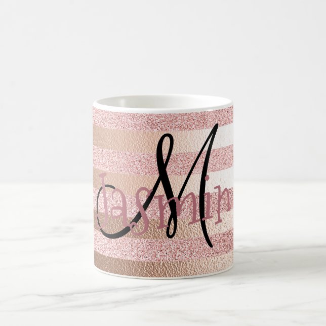 Rose Gold Faux Glitter& Rose Gold Foil Stripes Coffee Mug (Center)
