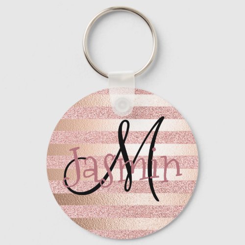 Rose Gold Faux Glitter Rose Gold Foil Stripes Keychain