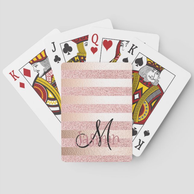 Rose Gold Faux Glitter& Rose Gold Foil Stripes Poker Cards (Back)