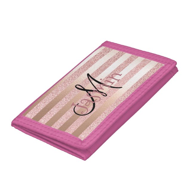 Rose Gold Faux Glitter& Rose Gold Foil Stripes Trifold Wallet (Bottom)