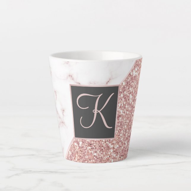 Rose Gold Faux Glitter Rose Marble Monogrammed Latte Mug (Front)
