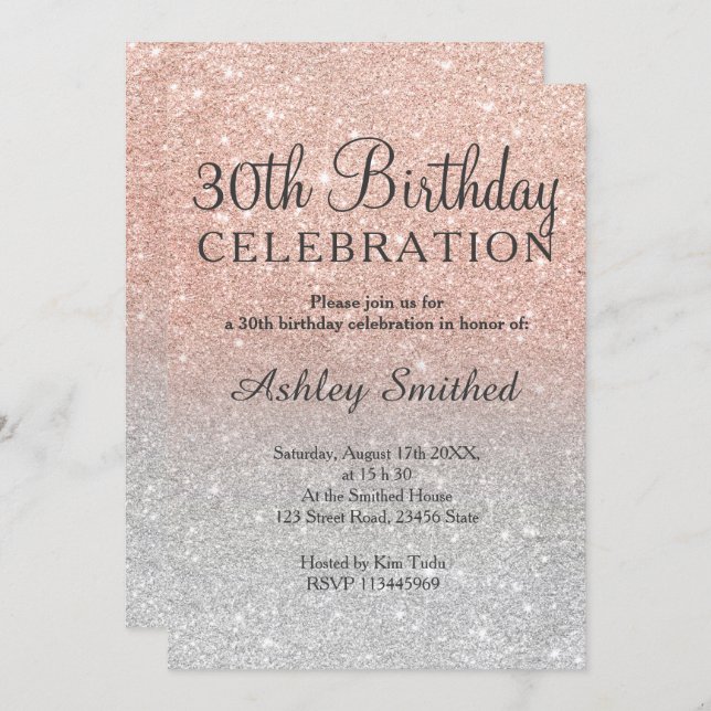 Rose gold faux glitter silver ombre 30th birthday invitation (Front/Back)