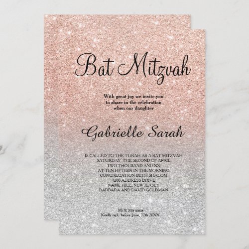 Rose gold faux glitter silver ombre Bat Mitzvah Invitation