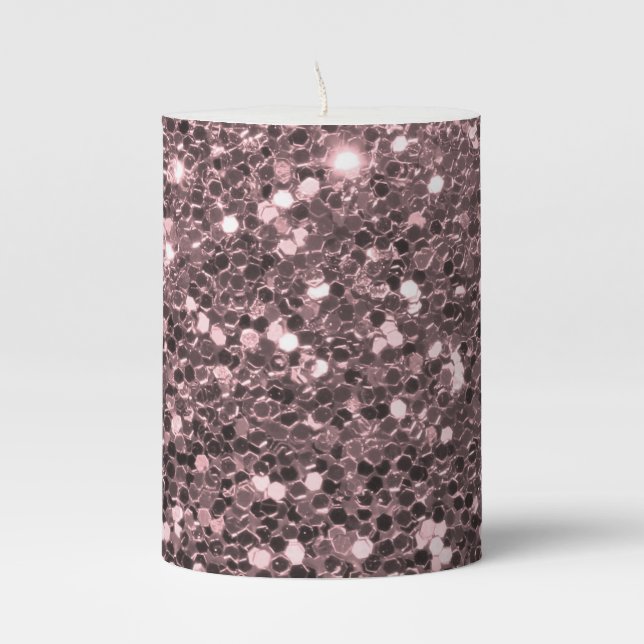 Rose Gold Faux Glitter Sparkles Pillar Candle (Front)