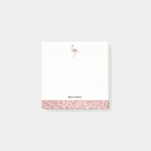 Rose Gold Faux Glitter w White Flamingo  Border Post_it Notes