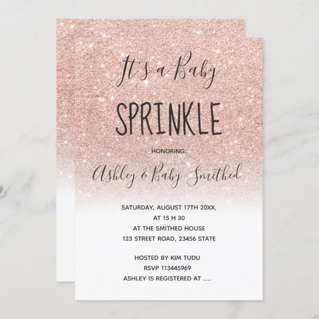 Rose gold faux glitter white ombre baby sprinkle invitation (Front/Back)