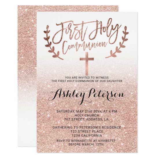Rose gold faux glitter white ombre first communion invitation