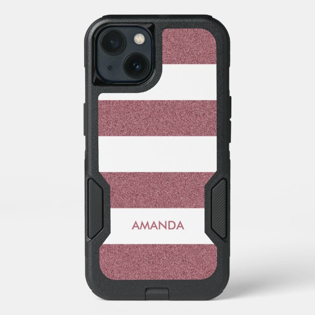 Rose Gold Faux Glitter white Stripe add your name Otterbox iPhone Case (Back)