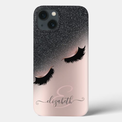 Rose Gold Faux Lashes Black Glitter Ombre  iPhone 13 Case