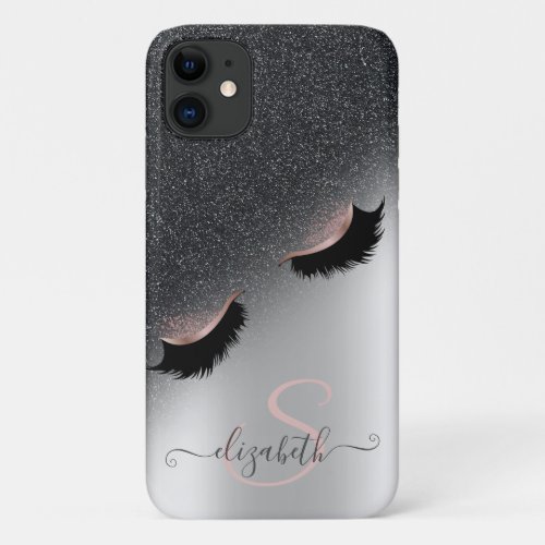 Rose Gold Faux Lashes Black Glitter Ombre Silver  iPhone 11 Case