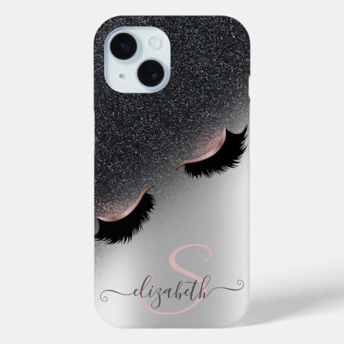 Rose Gold Faux Lashes Black Glitter Ombre Silver  iPhone 15 Case