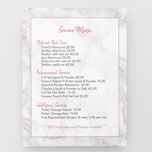 Rose-Gold Faux Marble Price Menu List Flyer (Creator Uploaded)
