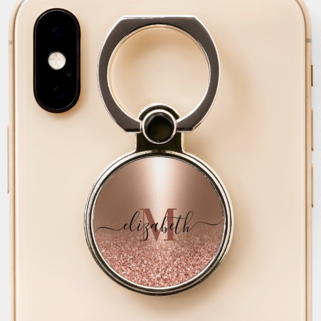 Rose Gold Faux Pink Glitter Phone Ring Stand (Close Up)