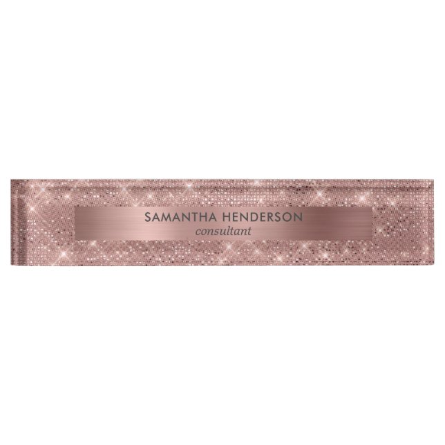 Rose Gold Faux Shimmer and Foil Desk Name Plate (Front)