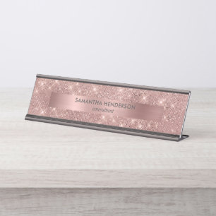Rose Gold Faux Shimmer and Foil Desk Name Plate