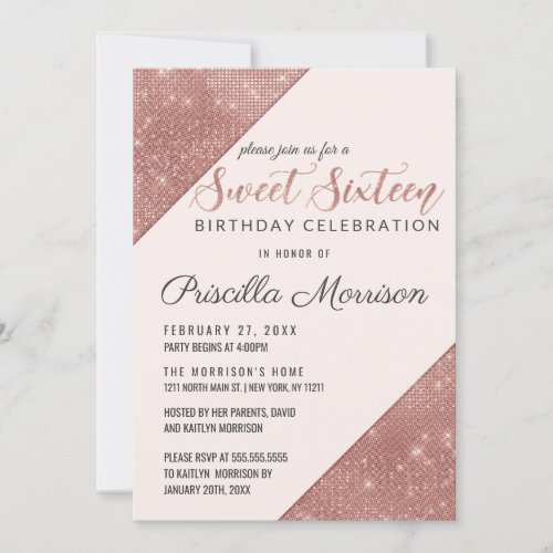 Rose Gold Faux Sparkling Glitter Sequin Sweet 16 Invitation