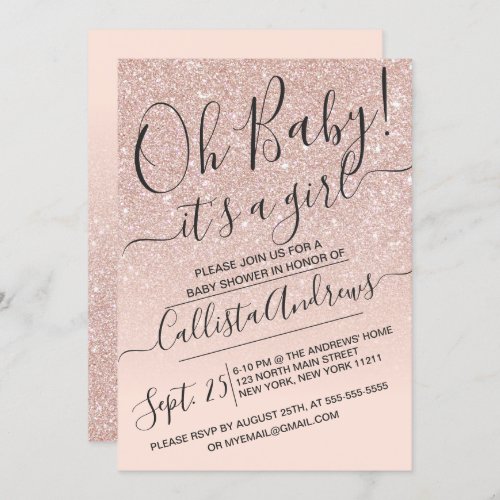 Rose Gold Faux Sparkly Glitter Ombre Baby Shower Invitation