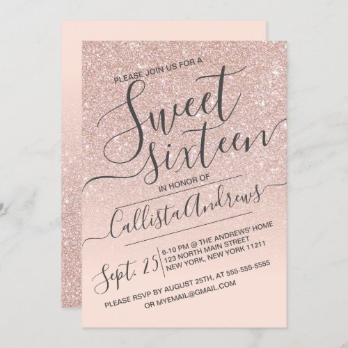 Rose Gold Faux Sparkly Glitter Ombre Sweet 16 Invitation