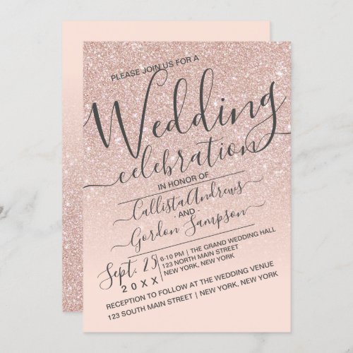 Rose Gold Faux Sparkly Glitter Ombre Wedding Invitation