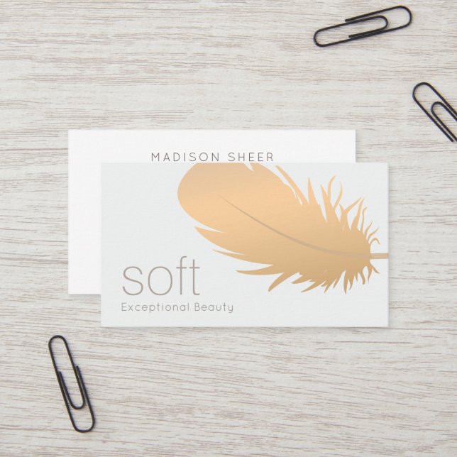 Rose Gold Feather Esthetician Skincare Business Card (Front/Back In Situ)