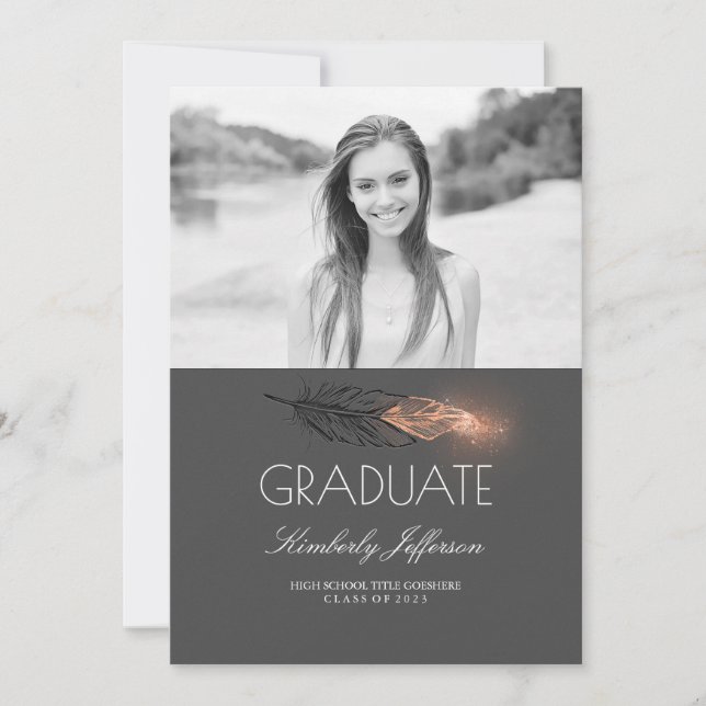 Rose Gold Feather Glitter Photo Graduation Party Invitation (Front)