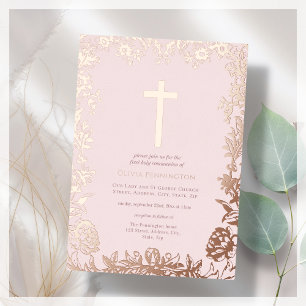 Rose Gold   First Communion Foil Invitation