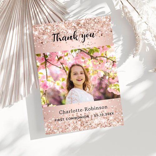 Rose gold first communion photo thank you card