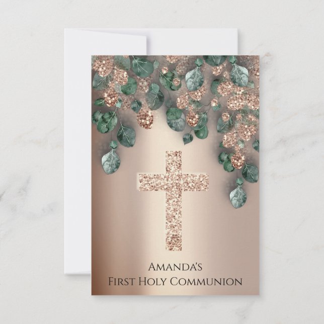 Rose Gold First Holy Communion Christian Cross Invitation (Back)