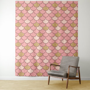 Rose gold fish scale pattern with glitter effect tapestry