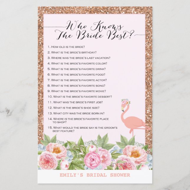 Rose Gold Flamingo Bridal Shower Game PRINTED (Front)