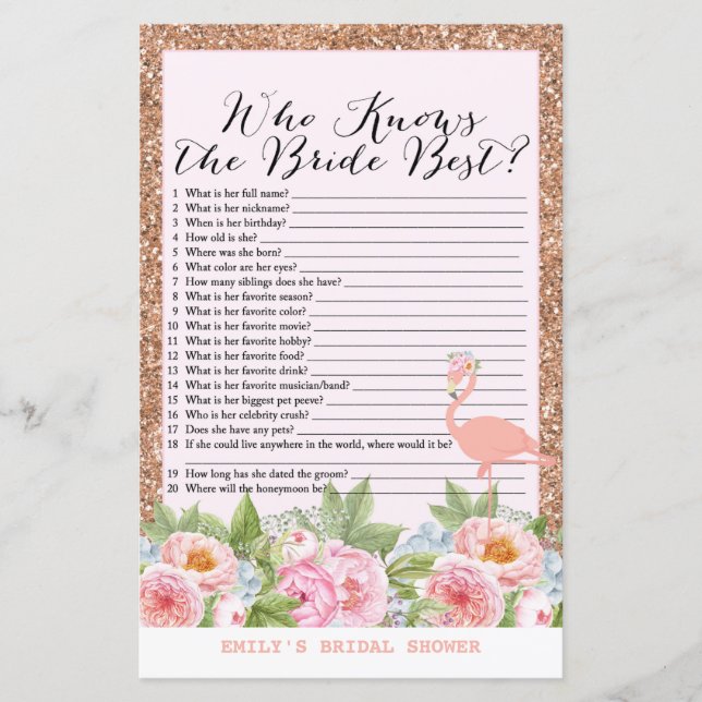 Rose Gold Flamingo Bridal Shower Game PRINTED (Front)