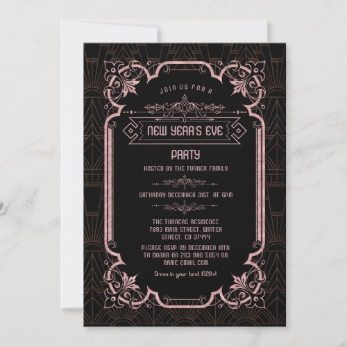 Rose Gold Fleur_de_lis Art Deco New Yearâs Eve Invitation