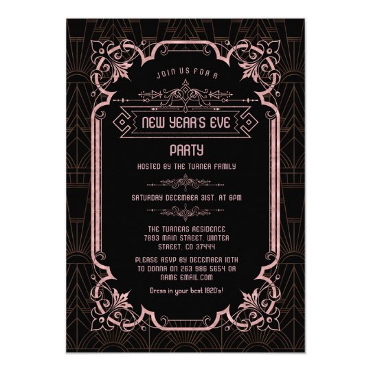 Rose Gold Fleur De Lis Art Deco New Years Eve Invitation