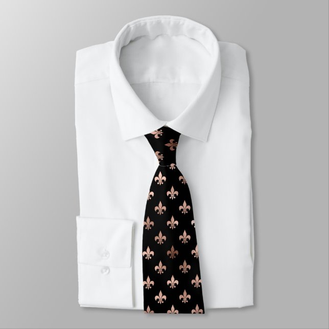 Rose Gold Fleur de Lis Pattern on Black Tie (Tied)