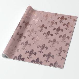  Rose Gold Fleur-de-Lis Pattern on Blush Pink Wrapping Paper