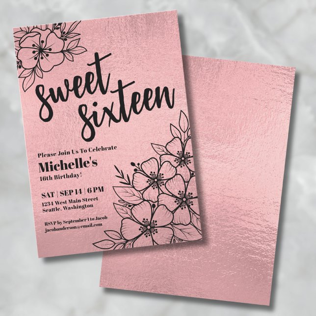 Rose Gold Floral 16th Birthday Invitation (Rose Gold Floral 80th Birthday Party Invitation)