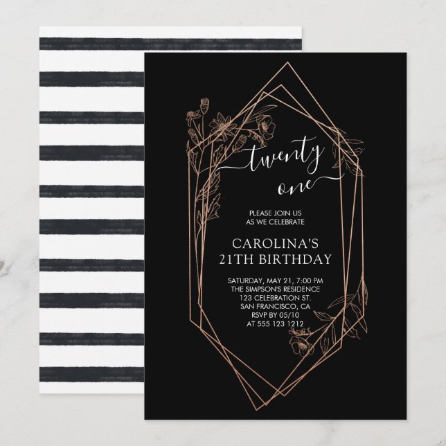 Rose Gold Floral 21th Birthday Invitation (Front/Back)