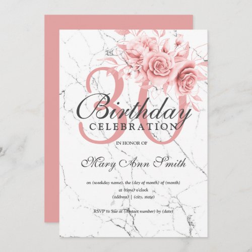 Rose Gold Floral 30th Birthday Party Marble Invitation