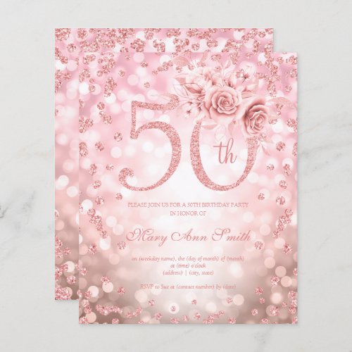 Rose Gold Floral 50th Birthday Glam Lights  