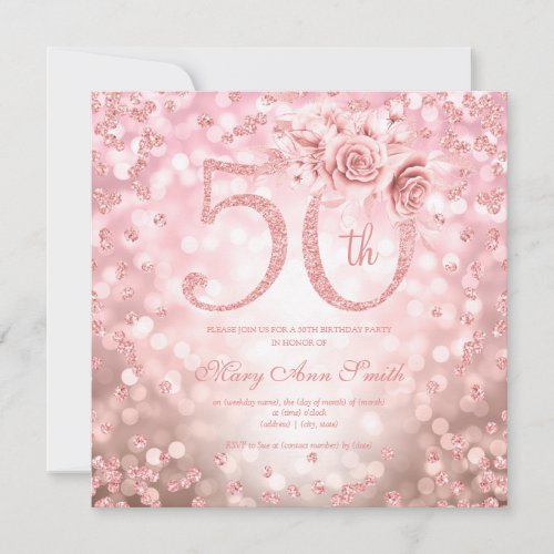 Rose Gold Floral 50th Birthday Glam Lights