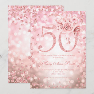 Rose Gold Floral 50th Birthday Glam Lights Invitation