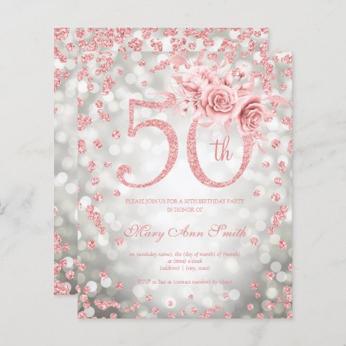 Rose Gold Floral 50th Birthday Glam Lights Silver 