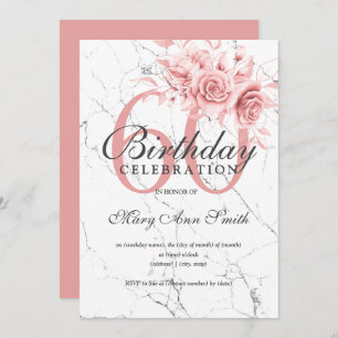 Rose Gold Floral 60th Birthday Party Marble Invitation